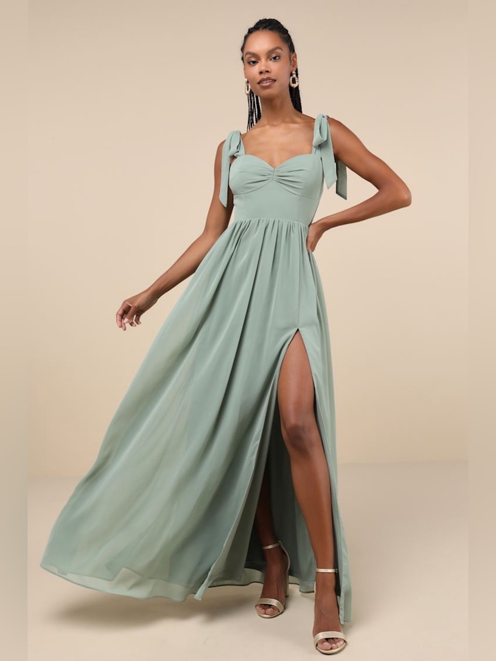 Lulus Radiant Charisma Sage Brush Chiffon Ruched Tie-Strap Maxi Dress
M
